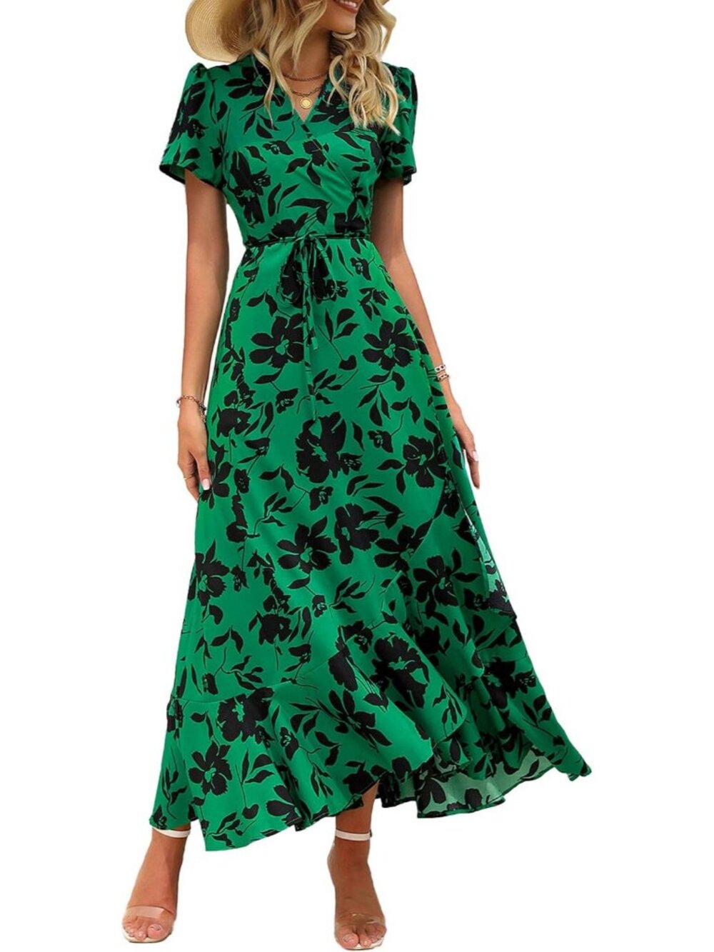 Women's Green Floral V Neck Casual Short Sleeve Pull On Zipper Maxi Dresses